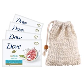 Wundle Bundle Soap Saver Exfoliating Pouch with 4 x Dove Restoring Moisturising Soap Bars (Blue Fig & Orange Blossom)