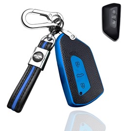 SANRILY Blue TPU Leather Texture 3 Button Key Fob Cover for VW Keyless Keychain Full Protection Key Case for Golf 8 ID.3/ID.4 2020 Skoda Octavia Seat Leon MK4