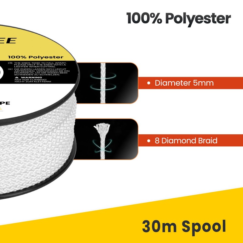Brotree Polyester Rope 5mm x 30m White - Diamond Braided