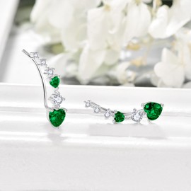 KINGWHYTE Heart Climber Earrings For Women 925 Sterling Silver May Birthstone Earrings Emerald Earrings Green Crystal Jewellery May Birthday Gifts