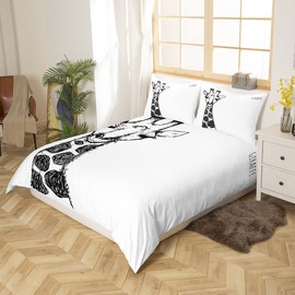 Giraffe Bedding Set Girls,Cute Animals Pattern Comforter Cover Set For Kids Child,Hand Drawn Safari Wildlife Black And White Quality Bed Linen,Decor 2 Pcs Duvet Cover Single Size & Zipper Ties