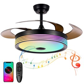 42 inch Modern Retractable Ceiling Fan with Lights and Remote Control, 6Speed Dimmable Fandelier, Smart Ceiling Fan Light with Bluetooth Speaker, RGB Color Reversible Bedroom Living Room Black