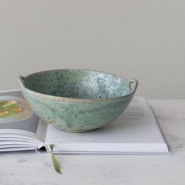 Creative Co-Op Stoneware Berry Bowl with Handles, Aqua Reactive Glaze