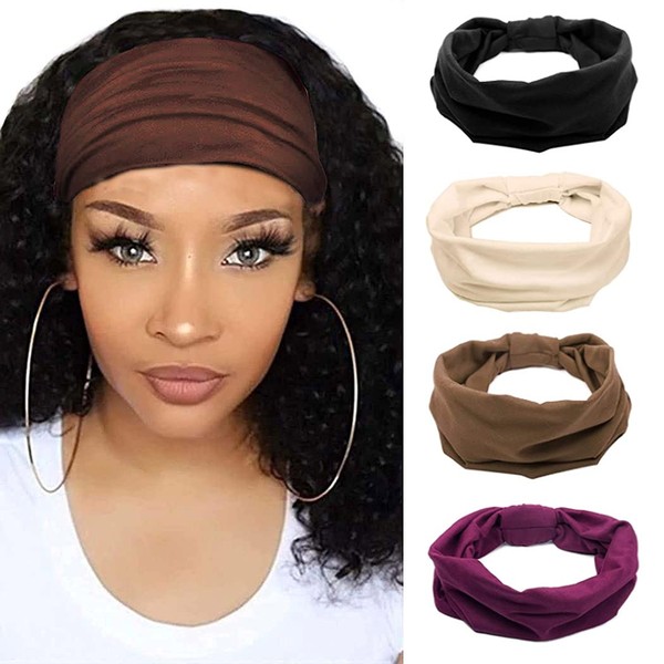 CAKURE Boho Headbands Stretchy Hairbands African Head Wraps Extra Wide Turban No Slip Head Bands Yoga Head Scarves for Women and Girls Pack of 4