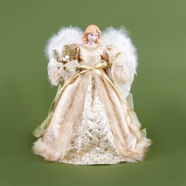 Redrubbit 16 inches Angel Tree Topper with White Feather Wings in Luxury Champange Dress, Christmas Treetop Flying Angel Winged Diva Fairy Goddess Figurine Holiday Ornament，Champagne