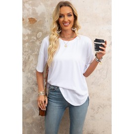 Halife Womens Long Tops for Leggings Summer Short Sleeve Crew Neck Loose Tee Shirts Strechy Plain White Tunic Tee 2XL
