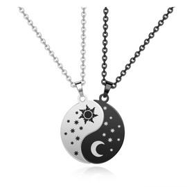 PiercingJ Best Friend Necklace Matching Couples Pendant Stainless Steel Yin Yang Jewelry Gifts for Women Men (Silver&Black (Non Engraving))