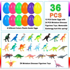 JIALWEN 12 Pack Filled Easter Eggs with 24 Dinosaur Toys Set, Easter Basket Stuffers Plastic Prefilled Surprise Eggs Easter Gifts Hunt Party Favors for Kids