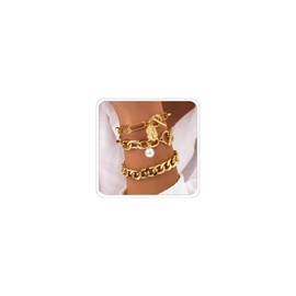 LKingel Chunky Gold Bracelets for Women Trendy Stacked Chunky Pearl Bracelets Golden Pearls OT Clasp Bracelet Chain Portrait Pendant Bracelet Gold and Pearl Jewelry Set (Style1)