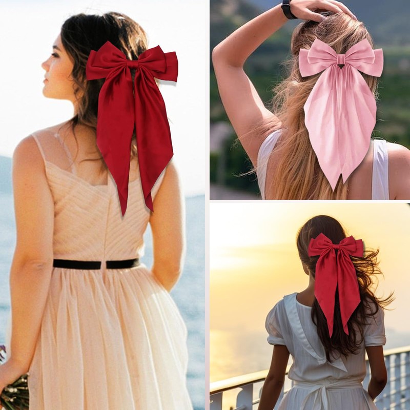 Leogony 2PCS Large Pink and Red Satin Hair Bow, Long-Tail