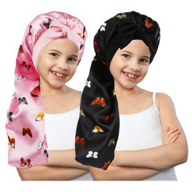 2 Pcs Long Kids Bonnets for Girls,Silky Satin Bonnet for Sleeping Kids, Silk Bonnet for Kids Braids,Long Hair (B-Butterfly Black+Pink)
