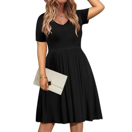 DB MOON Women Plus Size Black Dresses 2025 Summer Casual V Neck Short Sleeve Knee Length Dress with Pockets L