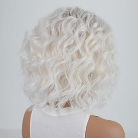 RENERSHOW Mid-length Layered Ombre Platinum Blonde Wavy Bob Wigs for White Women 12inch Short Wave Curly Synthetic Wig Side Part Average Size Daily Party Wig