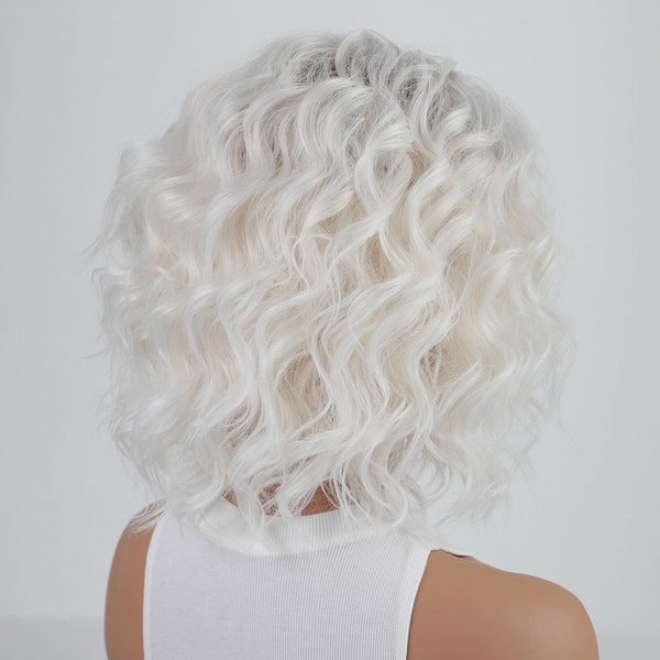 RENERSHOW Mid-length Layered Ombre Platinum Blonde Wavy Bob Wigs for