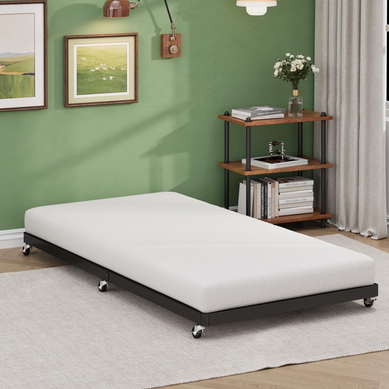 Lutown-Teen Twin Trundle Bed Frame with Metal Slats, Roll-Out Design,