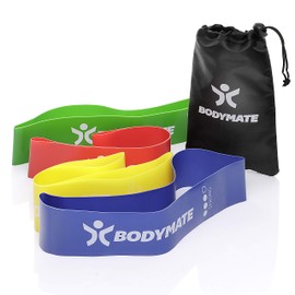 Bodymate Exercise Bands, Set of 4 Strengths and Carry Bag, 60cm Circumference x 5cm Wide, Fitness Band, Loop made from Natural Latex, Resistance Bands, Functional Training