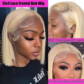 Falaimei 13x4 HD Transparent Blonde Bob Wig Human Hair Straight 613 Bob Wigs 180 Density 613 Blonde Lace Front Wigs for Women Glueless Wigs with Baby Hair 16 Inch