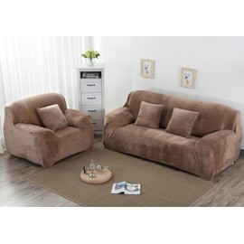 vctops 1-Piece Velvet Plush Stretch Loveseat Sofa Slipcover with Elastic Bottom Soft Fuzzy Fluffy Sofa Covers for 2 Cushion Couch Furniture Protector for Kids, Pet (Camel,Loveseat)