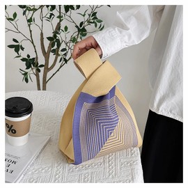 Anopo Women's Wrist Knotted Tote Bag Small Crochet Wristlet Handbag Aesthetic Cute Knit Purse Striped Purple Yellow
