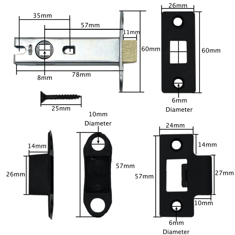 Tubular Latches Mortice Door Latch | Matt Black | 3