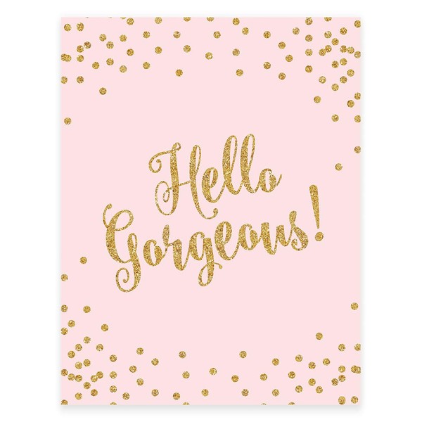 Andaz Press Blush Pink Gold Glitter Girl's 1st Birthday Party Collection, Wall Art Gift, 8.5x11-inch, Hello Gorgeous!, 1-Pack, Unframed, Baby Shower Nursery Decor