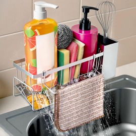 USHOP Sink Organiser, Sponge Holder Kitchen, Sink Organiser with Dish Cloth Holder and Storage Box, Automatic Sink, No Drilling, Space-Saving, Stainless Steel, for Kitchen and Bathroom