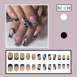 24Pcs Valentines Nails Press on Nails Short French Tip Fake Nails with Nail Glue Nude Glossy Acrylic Nails Supply Black Valentines Day French Tip Heart Stick on Nails for Women DIY Manicure Decoration
