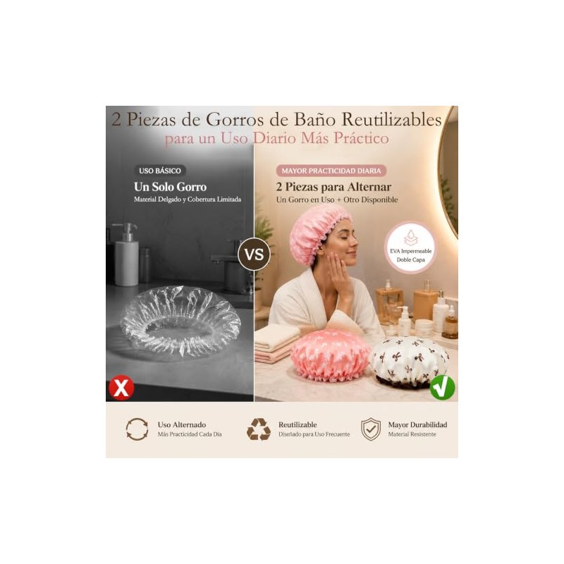 2Pzs Gorro de Ducha Grande Reutilizable de Doble Capa Impermeable