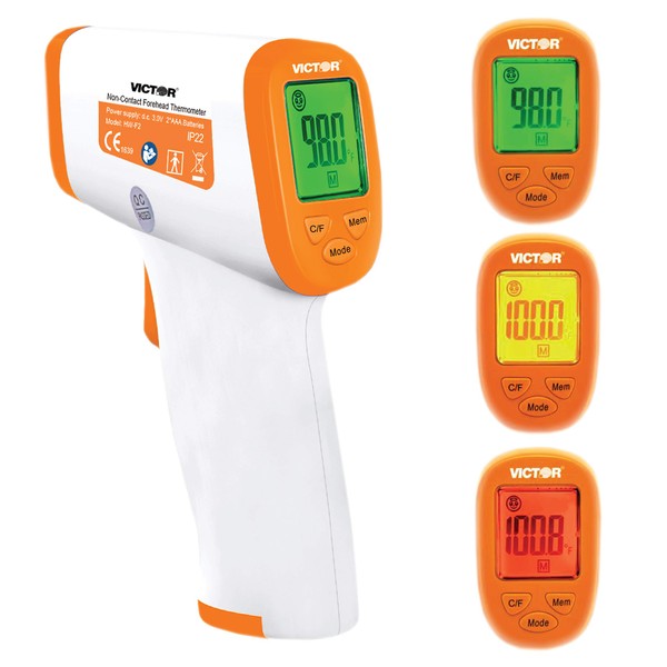 Victor T9000 Non-Contact Digital Infrared Forehead and Wrist Thermometer, for Adults and Kids, Quick 1 Second Readings, 3-Color Temperature Warning Display, White/Orange