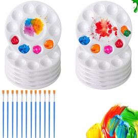 12PCS Plastic Paint Palette&12pcs Small Paint Brushes,Round Painting Palette Tray, Plastic Paint Tray with 10 Holes,for Acrylic Oil Watercolor DIY Craft Professional Art Painting, Washable