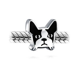 Pet Frenchie French Bulldog Dog Charm Bead For Women Teen Black White Enamel .925 Sterling Silver Fits European Charm Bracelet