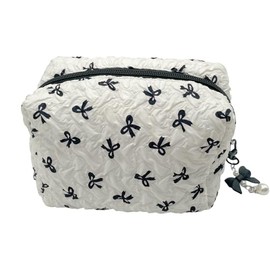 LLYJOYE Makeup Bag, Large Make Up Bag for Women Girls, Quilted Cosmetic Bag with Bow Pearl Pendant, Zipper Toiletry Wash Bag Organizer