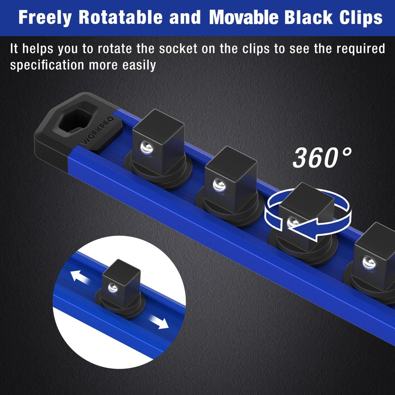 WORKPRO Magnetic Socket Organizer Set, 3-Piece Aluminum Alloy Socket Rail,