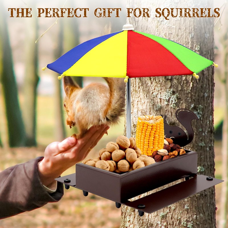 Squirrel Feeder with Umbrella, Metal Squirrel Feeders for Outside with
