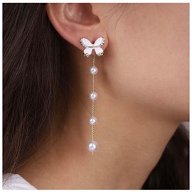 Inilbran Boho Pearl Earrings Long Pearl Necklace Drop Earrings Sparkling CZ Butterfly Ear Jacket Stud Earrings Vintage Pearl Tassel Chain Dangle Earrings Jewellery for Women and Girls, Crystal