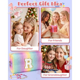 Freesya Gifts for 3 4 5 6 7 8 9 10 11 12 Girls, Preppy Makeup Bag, Party Favors for Tween Girls, Rainbow Toiletry Organizer Bag, Initial Letter Pouch, Party Gift Bags, Prize for Girls (Large)