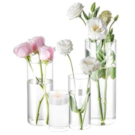 Paquete de 4 jarrones cilíndricos de vidrio de 4,6,8,10 pulgadas de alto, florero transparente para huracán, portavelas flotantes para centro de mesa, boda, decoración del hogar
