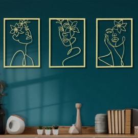 Remenna Minimalist Decor Aesthetic Wall Art Decor Modern Abstract One Line Women Body Face Art Large Metal Wall Decor for Living Room Bedroom Bathroom Set of 3 (Gold)