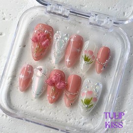 NailPhoria MID-FALL Collections 10PCS Handmade Press On Nails REUSABLE 3D GEL / Acrylic FALL 2024 - Design: Tulip Kiss, Nail Bed Size: L