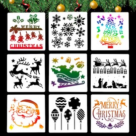 Pack of 9 Christmas Stencils, Large Drawing Stencils Painting Stencils Made of Plastic, Reusable Stencils, Christmas Tree Santa Claus Snowflake Elk Template for DIY Decoration