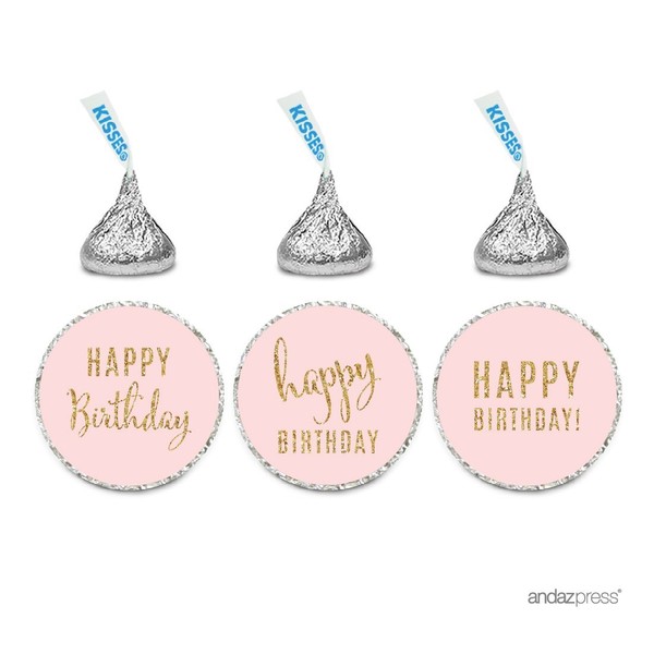 Andaz Press Gold Glitter Print Chocolate Drop Labels Stickers, Happy Birthday, Blush Pink, 216-Pack, Not Real Glitter, for Kisses Party Favors