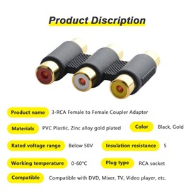 Xiatiaosann 3-RCA Female to Female Coupler Adapter, Audio Video Jacks to Jacks Barrel Connector for Speaker,RCA Cable, Amplifier-Red/Yellow/White (6 Pack)