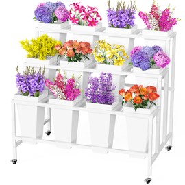 Putros Flower Display Stand with 12 Buckets White 3 Layers Metal Floral Cart with Wheels Moving Florist Bouquet Bar Plant Shelf for Indoor Outdoor Patio Garden Party Decor