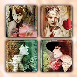 Roaring 1920s Flapper Vintage Woman Handmade Square Glass Tile Magnets 30mm (1.18") - Set of 4