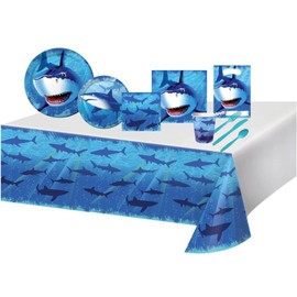 MT Nest Shark Birthday Party Supplies Set for 16, 145 Pieces, Plates, Cups, Napkins and Decorations, Blue, White, Light Blue, Red