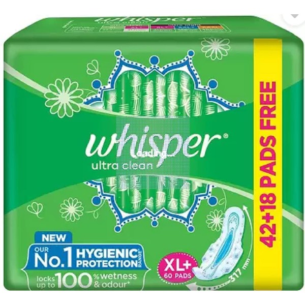 Whisper Ultra Clean Sanitary Pads for Women, XL+ ( 60+60 Pieces) ) Sanitary Pad