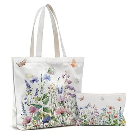 Wazzio 2 Pcs Canvas Bag with Makeup Bag, Flowers Theme Gifts for Women, Birthday Gifts for Friend Sister Women Wife Bestie, Reusable Grocery Bags for Shopping Gym Travel Vacation Work