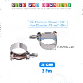 Glarks 2Pcs 38-43mm Stainless Steel T-Bolt Hose Clamps Turbo Intake Soft Hose Intercooler Clamps