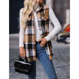 ZILIN Women's Plaid Print Flap Detail Sleeveless Flannel Collar Button Front Vest Blazer Jacket Khaki XL