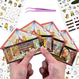 4 Sets 3D Fun Mini Cat House Scenes Stickers with Tweezers Make Your Own Reading Entertainment Tea Music Room Stickers Scenes Cute Micro Room Craft Stickers for Relief Stress Pass The Time